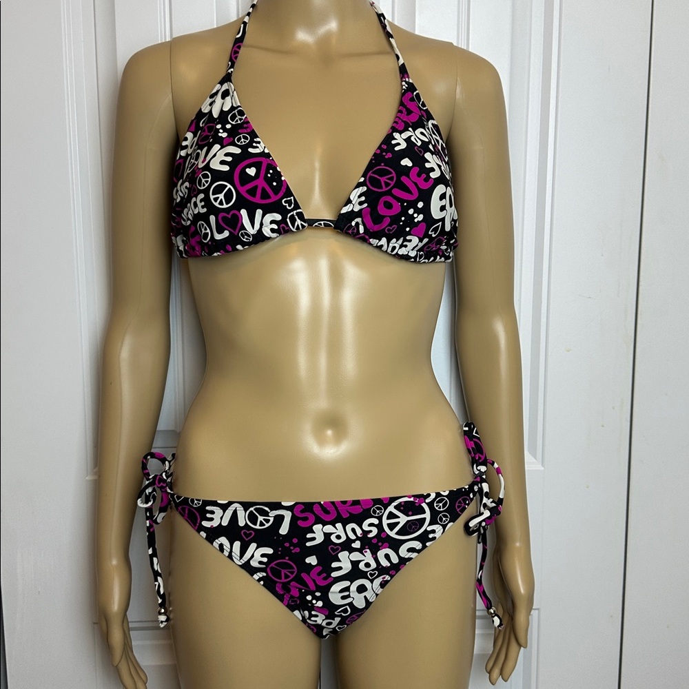 Ingear Black with Pink & White Peace-Love-Surf String Bikini Set. Size Large.